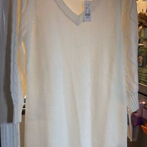New York & Company Cream V-Neck Cable-Sleeve Sweater
